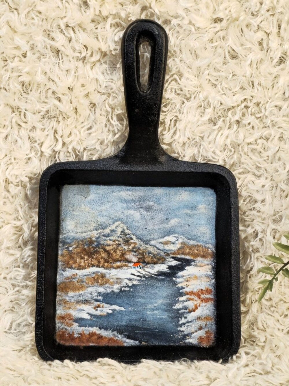 Hand-Painted Vintage Cast Iron Pan Wall Art With Scenic Winter Landscape Paintin